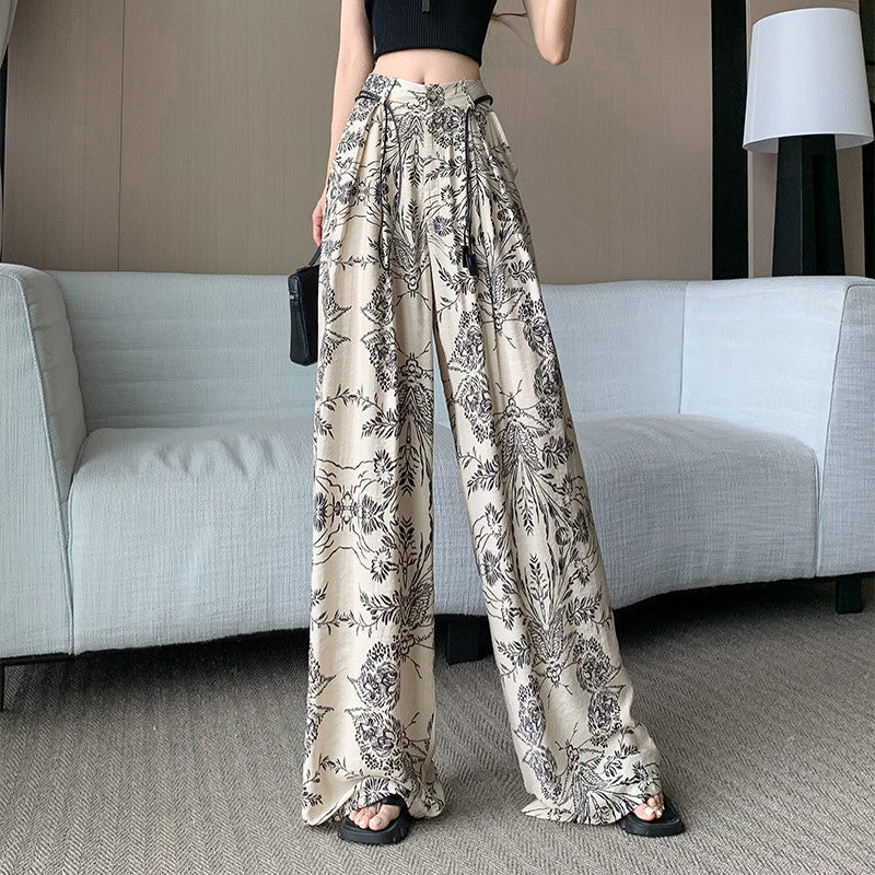 Cross-Border High-End Retro Printed Wide-Leg Pants 2025 New High-Waist Slim Fashion Versatile Casual Straight Pants