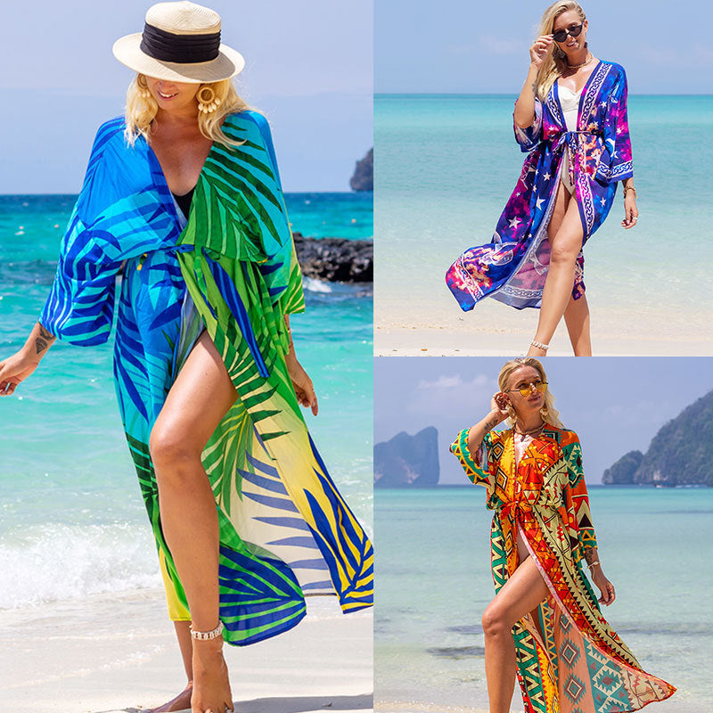 New European and American Rayon Printed Cardigan Beach Skirt Bikini Cover-Up Swimsuit with Sun Protection Clothing Seaside Vacation Skirt