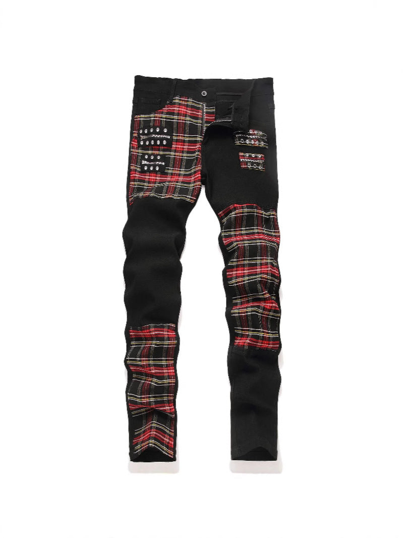 New Patchwork Jeans 2025 Spring & Fall Fashion Trendy Men's High Elastic Slim Men's Jeans Multi-Color Patchwork Black