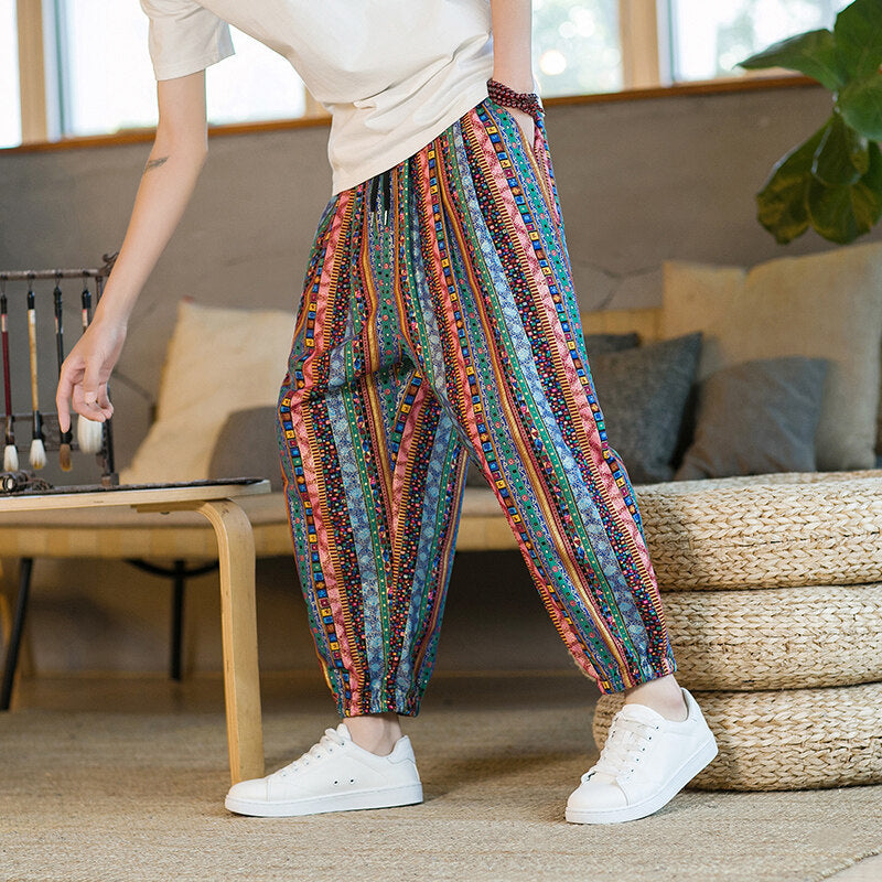 Chinese Style Printed Cropped Pants for Men, Loose Plus Size Carrot Pants, Summer Harem Beach Pants, Ethnic Style Loose Pants