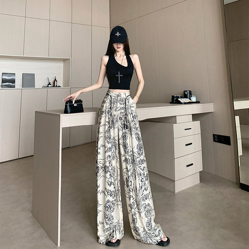 Cross-Border High-End Retro Printed Wide-Leg Pants 2025 New High-Waist Slim Fashion Versatile Casual Straight Pants