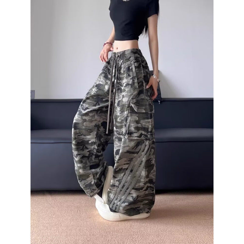 American Style 2025 Stripe Camouflage Crane Pants Women's Thin Trendy Autumn Casual plus size Loose Slimming Straight Leg Wide-leg Pants