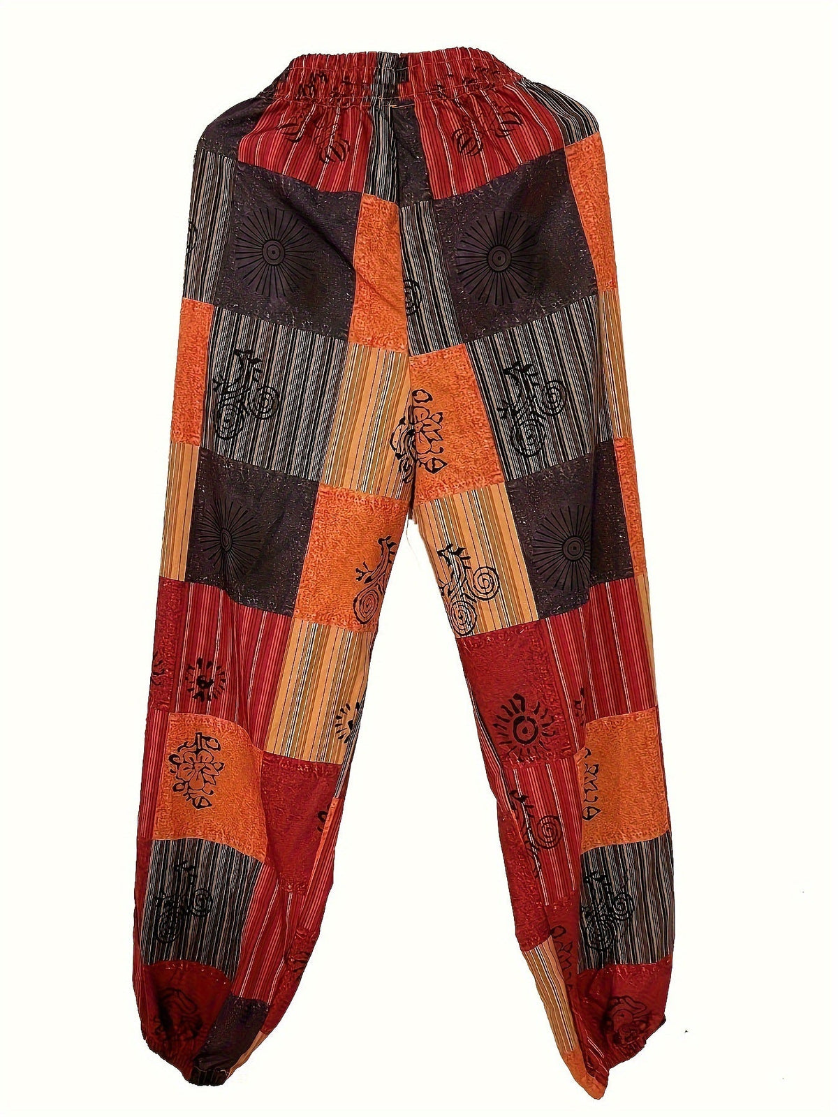 New European and American Cross-Border Women's Pants, High-Waisted Drawstring Cropped Pants, Elastic Waist, Cuffed Ankles, Vintage Print Pants
