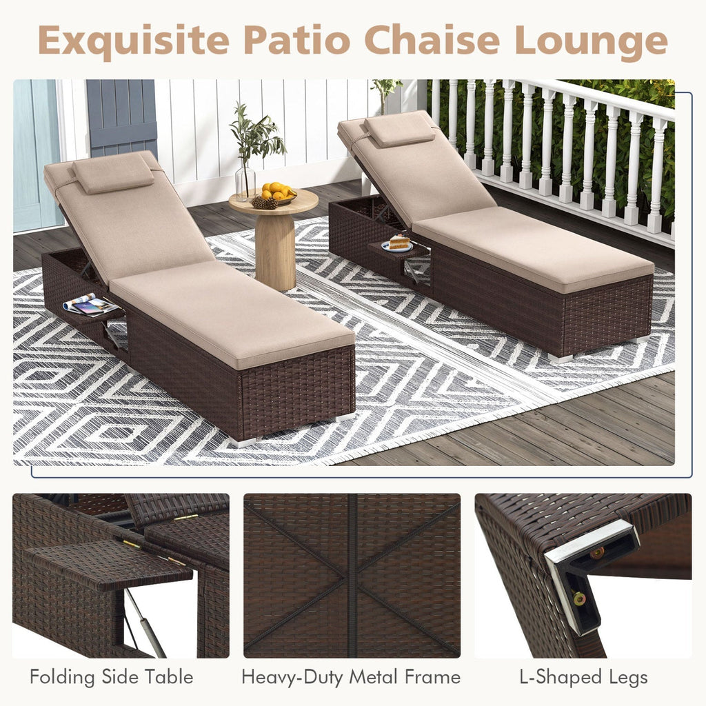 Outdoor PE Rattan Chaise Lounge with 6-Position Adjustable Backrest and Foldable Side Table