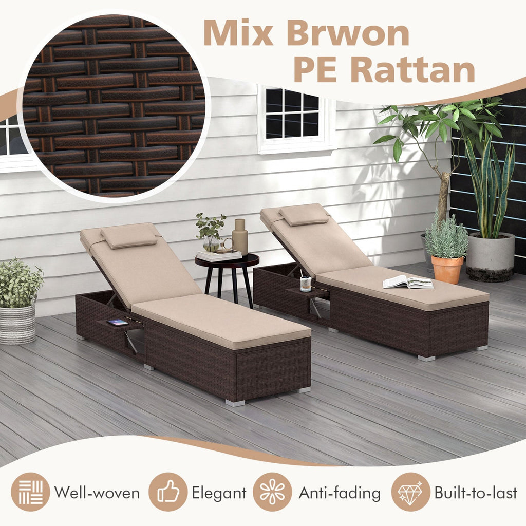 PE Rattan Chaise Lounge Set of 2 with 6-Position Adjustable Backrest and Foldable Side Table