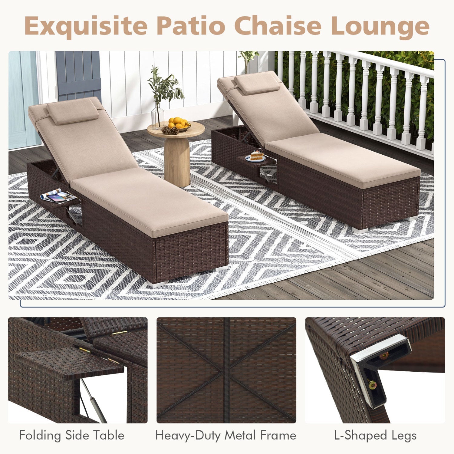 PE Rattan Chaise Lounge Set of 2 with 6-Position Adjustable Backrest and Foldable Side Table