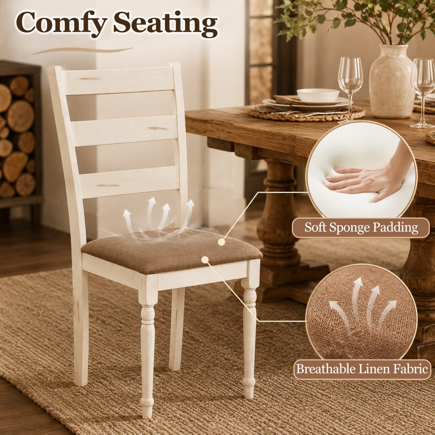 Dining Chairs Set of 2 with Padded Linen Seat