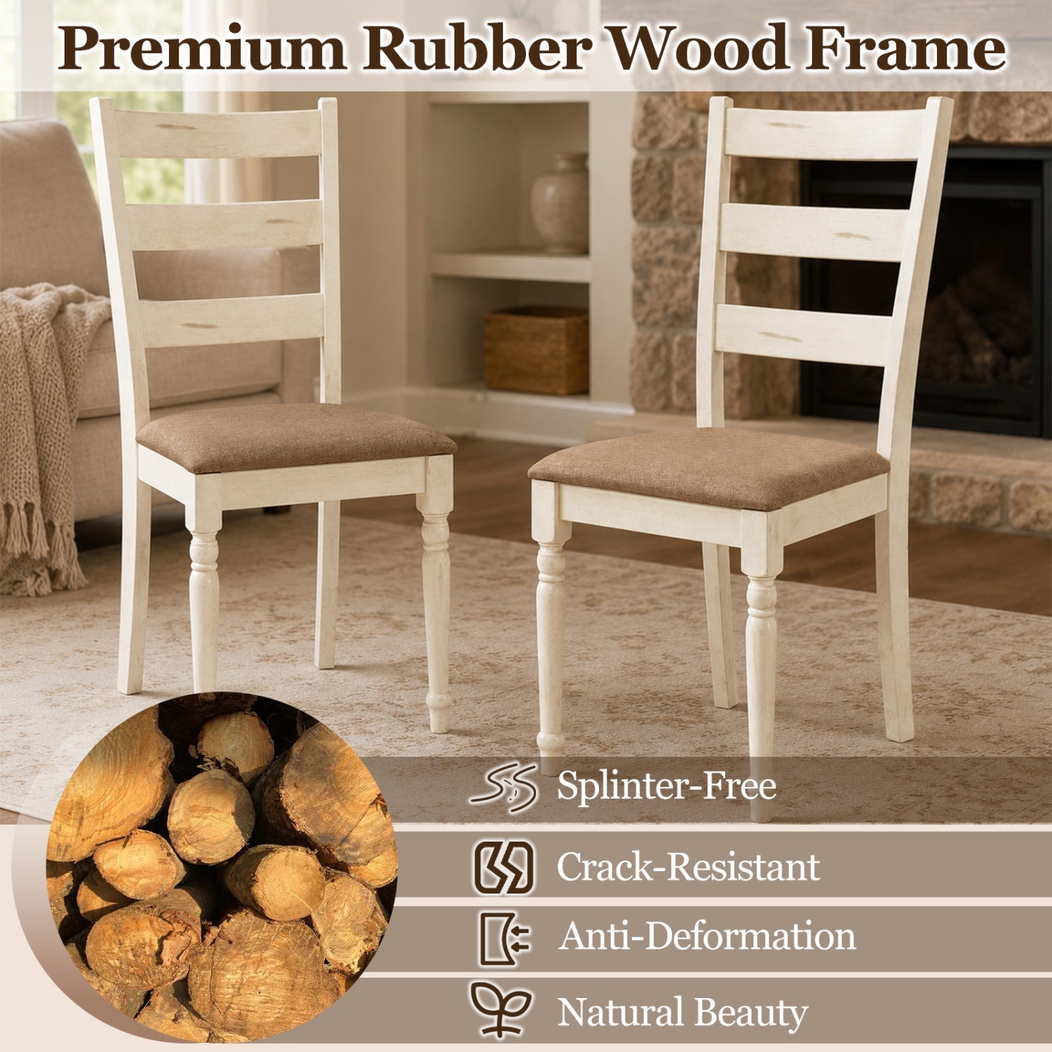 Dining Chairs Set of 4 with Padded Linen Seat & Slatted Back