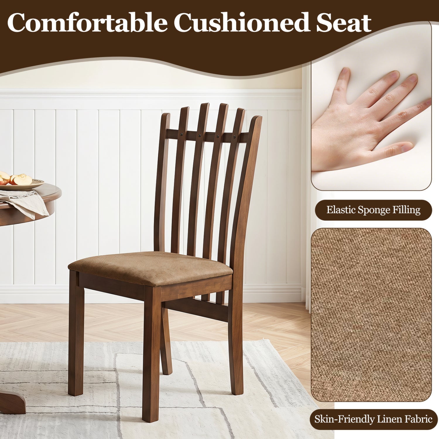 Rubber Wood Slat Back Dining Chairs Set of 2 - Brown