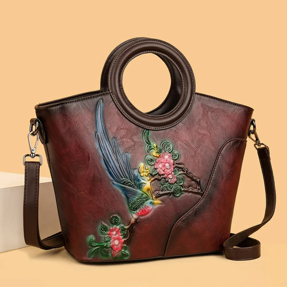 2026 New Handmade Painting Vintage Bucket Bag for Women Genuine Leather Textured Top Handle Shoulder Crossbody Handbag Purse