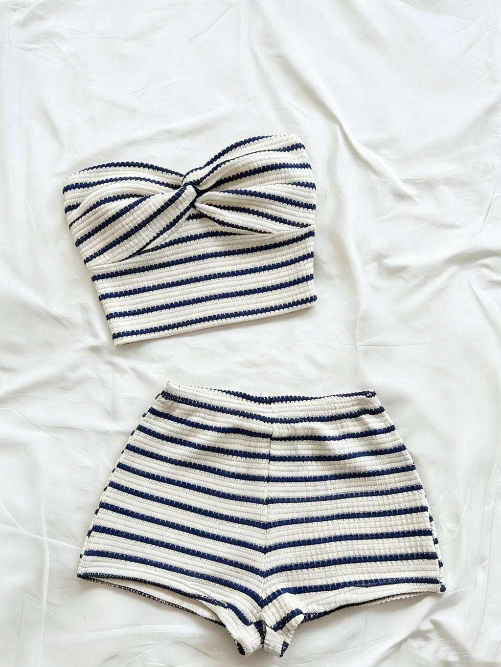 Striped Knit 2-Piece Set, Twist-Front Bandeau Top + Shorts
