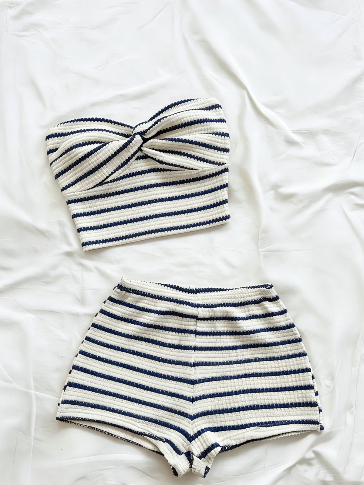 Striped Knit 2-Piece Set, Twist-Front Bandeau Top + Shorts
