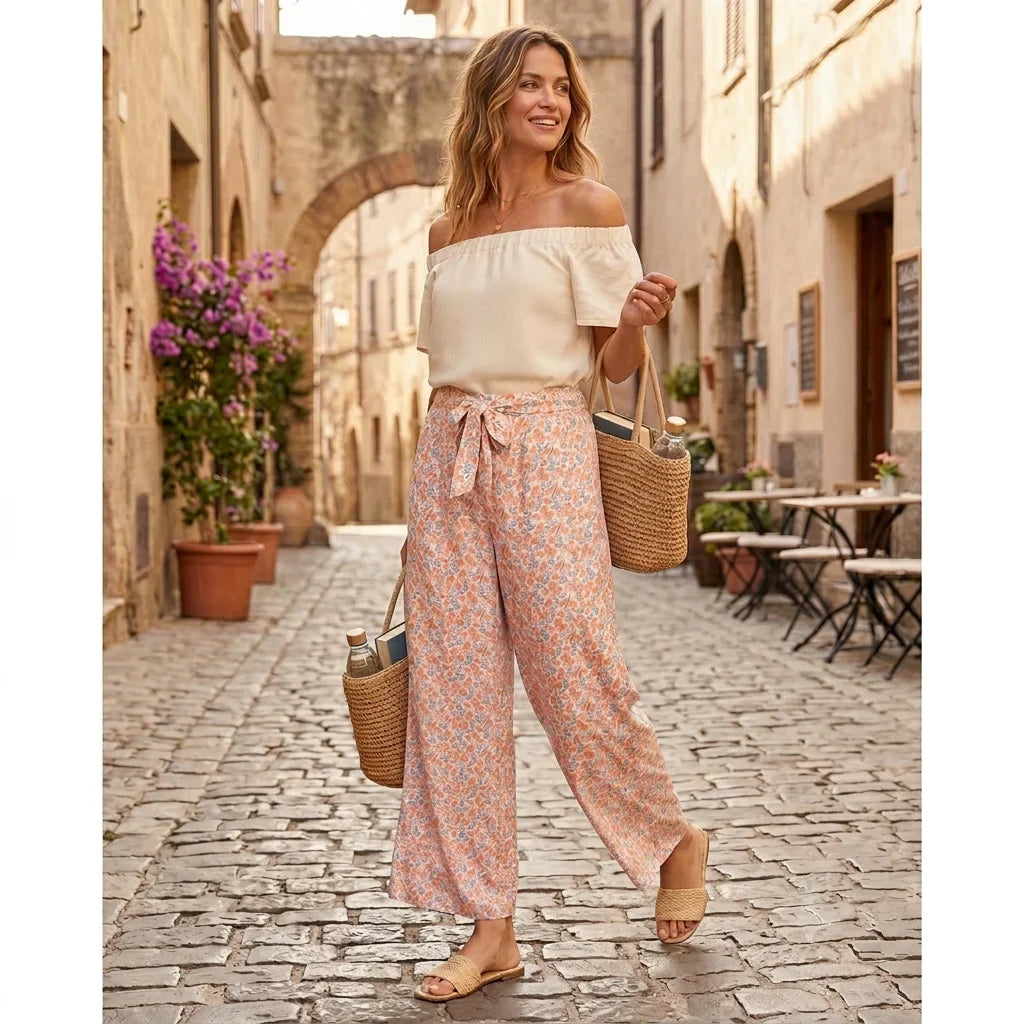 Bohemian Floral Printed Flat Front Boot Cut Breathable Women High Waist Loose Fit Ankle-Length Summer Rayon Belted Pants