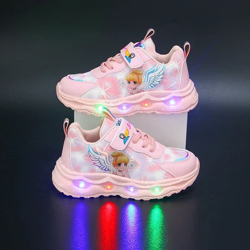Girls' Cute and Fashionable Cartoon Princess Casual Shoes Led Wings Comfortable Sneakers