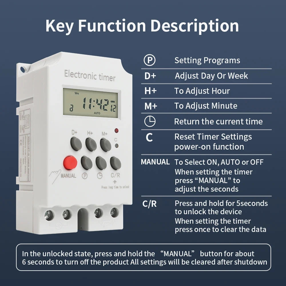 TNCE 30A Timer Switch 220V, big power time control switch, set to seconds, 32 groups of timer on and off light, water pump timer