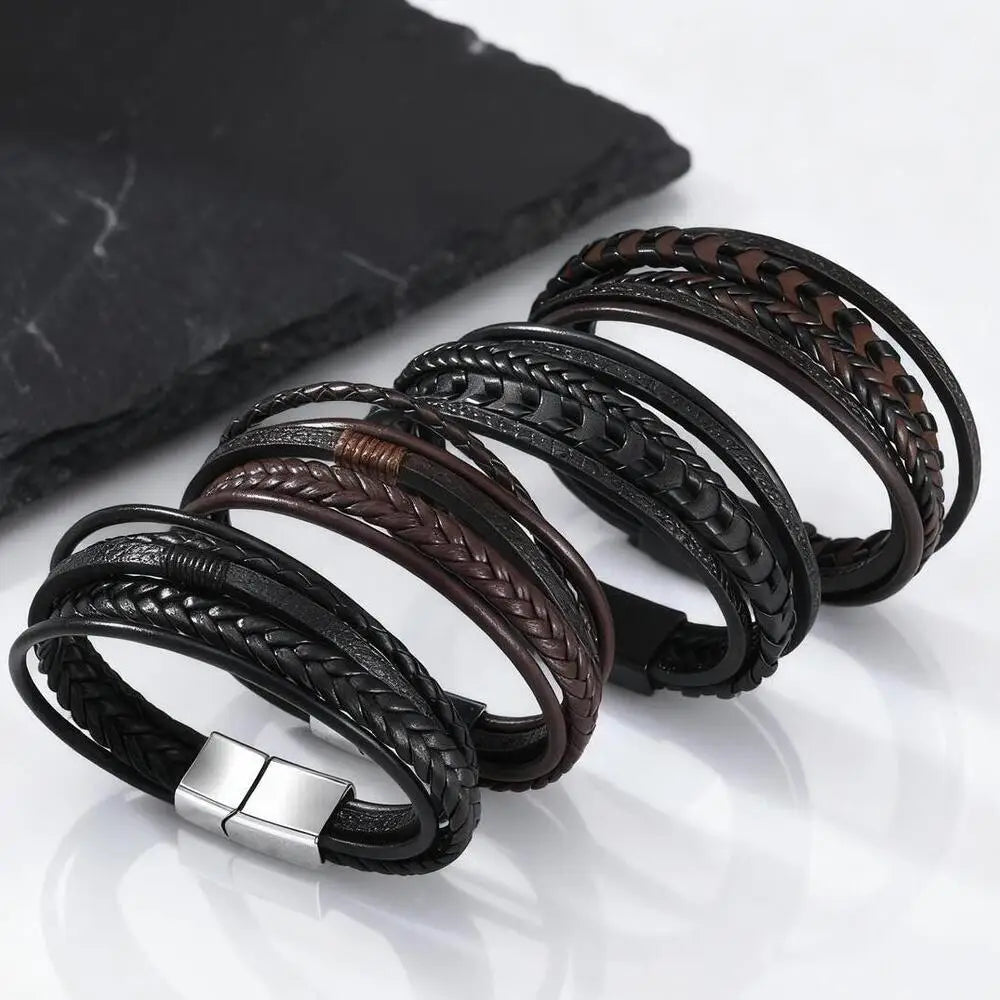 Multi Layer Braided Rope Bracelets for Men,Classic Handmade PU Leather Wristband with Magnetic Buckle,Trendy Punk Jewelry Gift