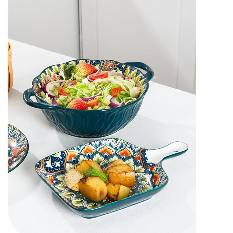 1Pcs Bohemia Retro Ceramic Dinner Plates Sets Food Plate Household Tableware Set Breakfast Plates Salad Soup Bowls Dinnerware