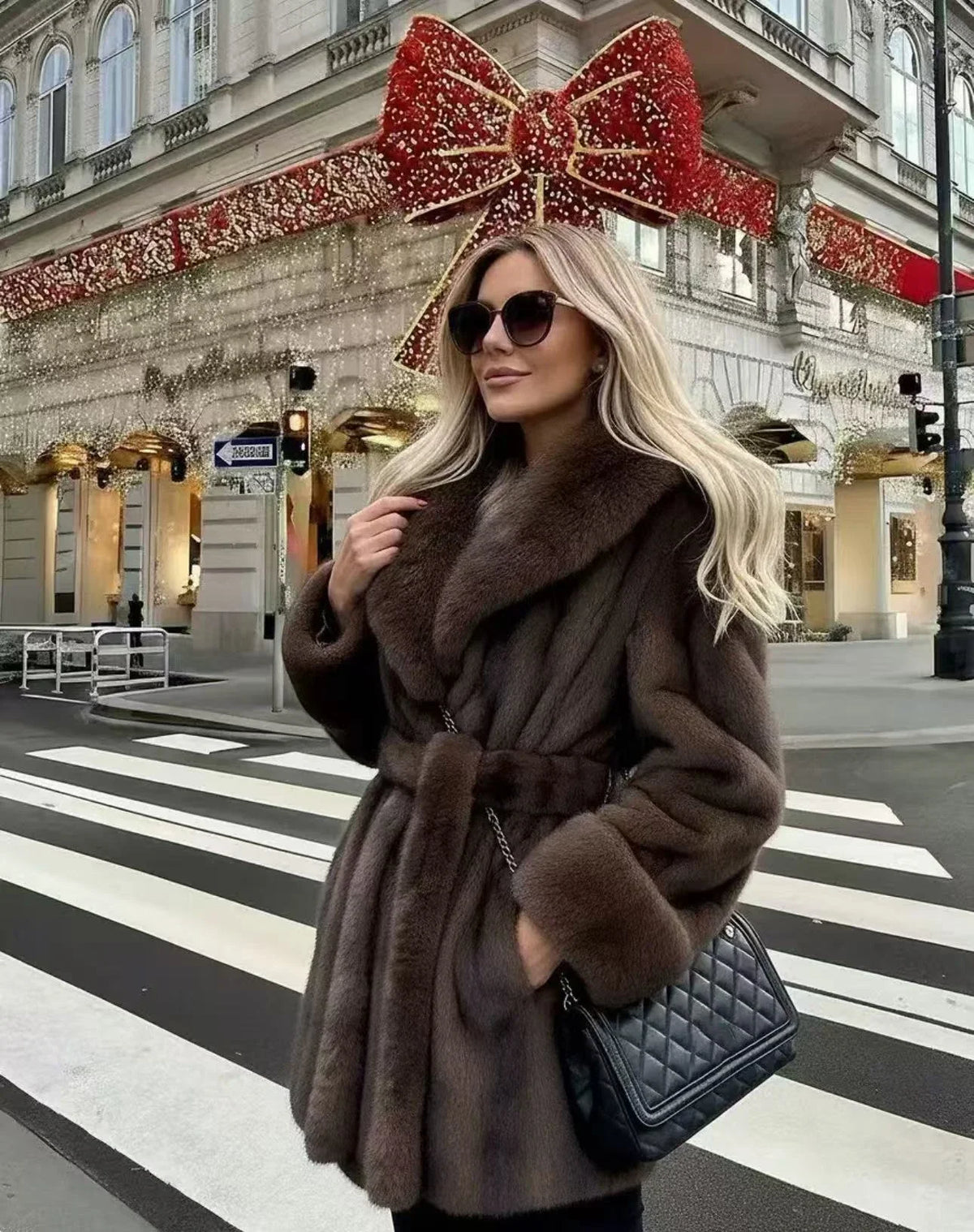 2026 Autumn Winter Women Faux Mink Fur Coat Wrap Lapel Collar Belted Mid Length Jacket Brown