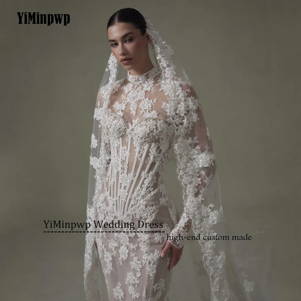 Ivory Lace Mermaid Wedding Dresses for Bride Removable High Neck Long Sleeve Backless Garden Beach Bridal Gown Customized