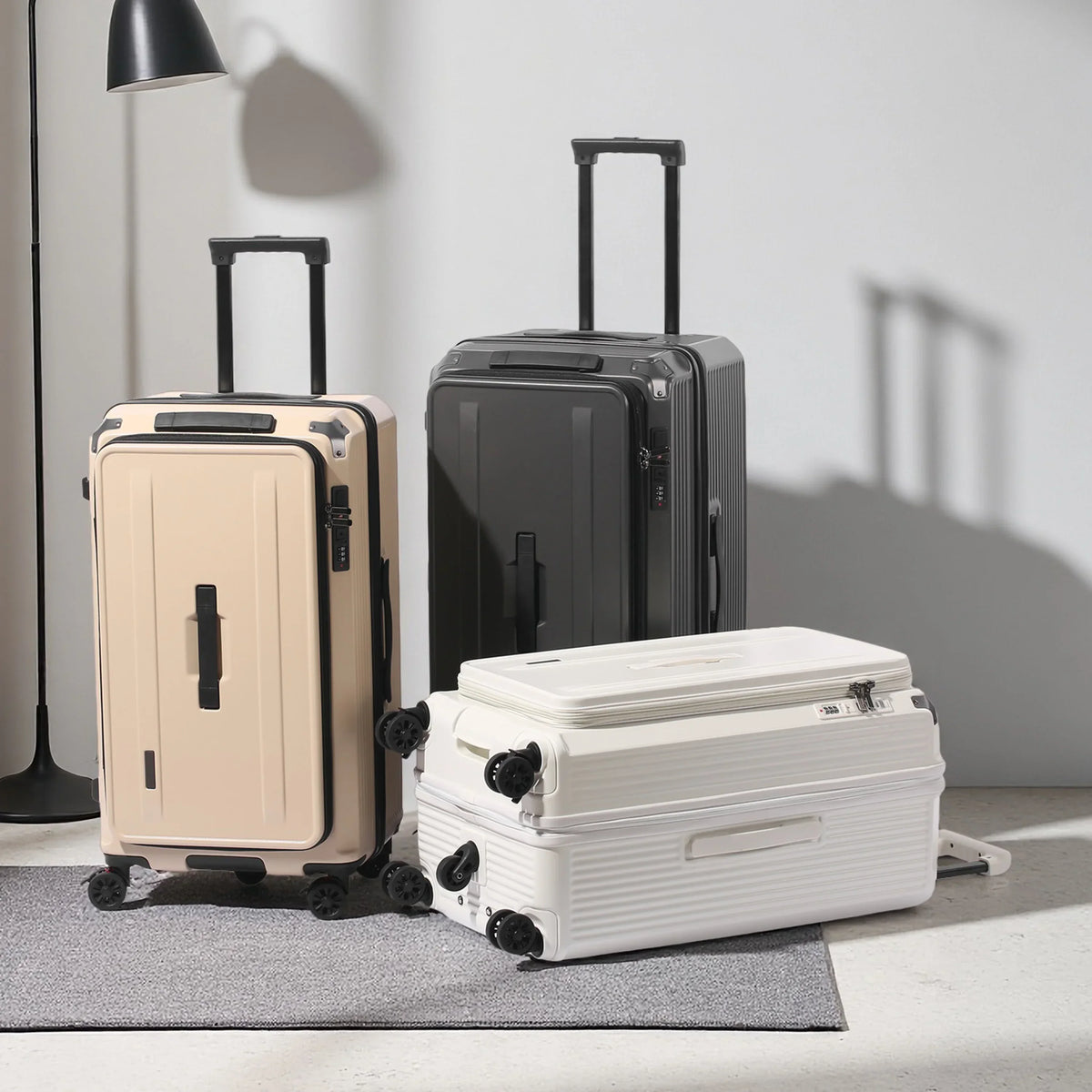 Multi-Functional PC Luggage Expandable Suitcase TSA Lock USB Type-C Port Shockproof Brake Wheel Front Open Carry On Trolley Case