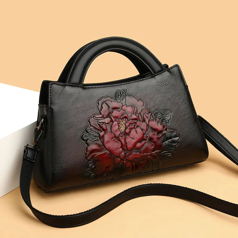 Peony Print Handbag Single Shoulder Bag Women's Retro Style National Trend Crossbody Bag Medium Hardness Daily Use Zipper Clo...