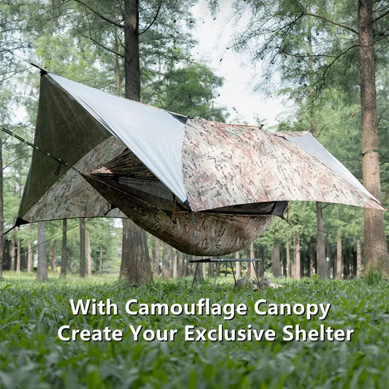 Multi-Function Camping Hammock Kit, Single/Double with MC Camo Rain Fly & Bug Shield, Anti-Roll for Hiking & Backpacking