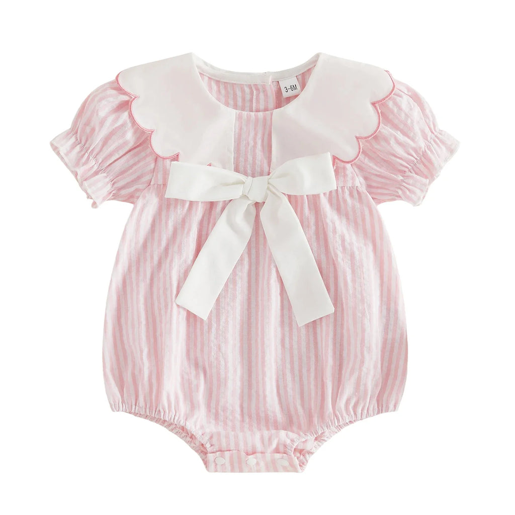 0-18M Newborn Baby Girl Summer Striped Romper Contrast Scalloped Edge Doll Collar Short Sleeve Bodysuit with Front Bow