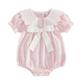 0-18M Newborn Baby Girl Summer Striped Romper Contrast Scalloped Edge Doll Collar Short Sleeve Bodysuit with Front Bow