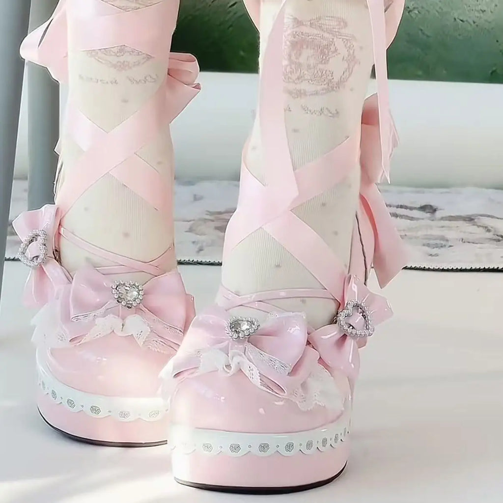 Original Sweet Lolita High Heels Big Size 42 Japanese Style Cosplay Women Leather Shoe Red Rhinestone Street Y2k shoes girl cute