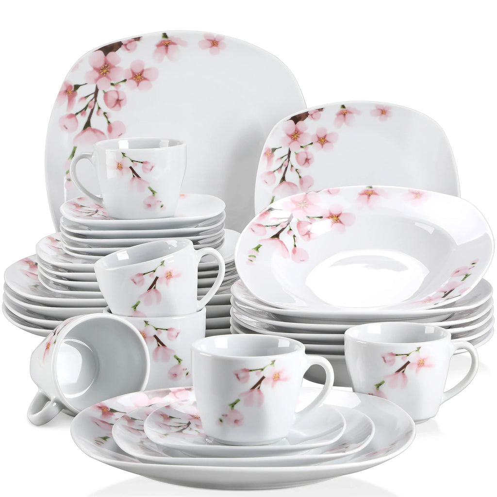VEWEET ANNIE 30/24/20 Pcs Porcelain Dinnerware Set Pink Floral Plates Dinner Set with Dinner Plate/Dessert/Soup/Cup/Saucer