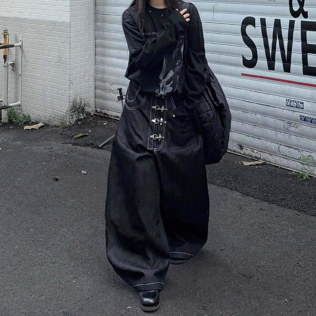 Women’s Multi-button Design Curved Wide-leg Jeans High Waist Straight Baggy Denim Pants Female Vintage Street Style Trouser