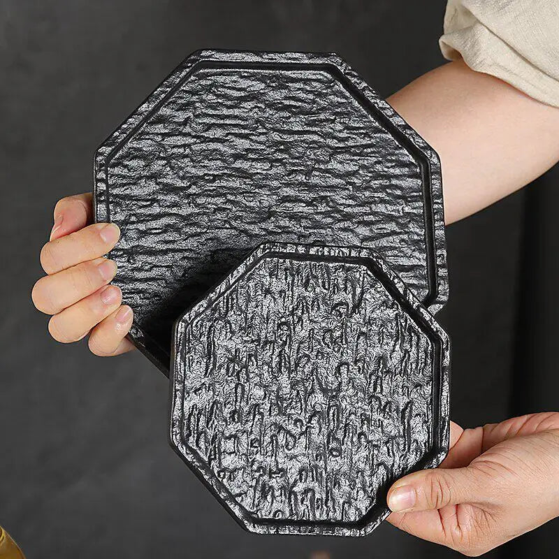 1PC Octagonal Black White Plate Luxury Light Luxury Steak Plate Western Food Dish Tableware for Home Dining Table
