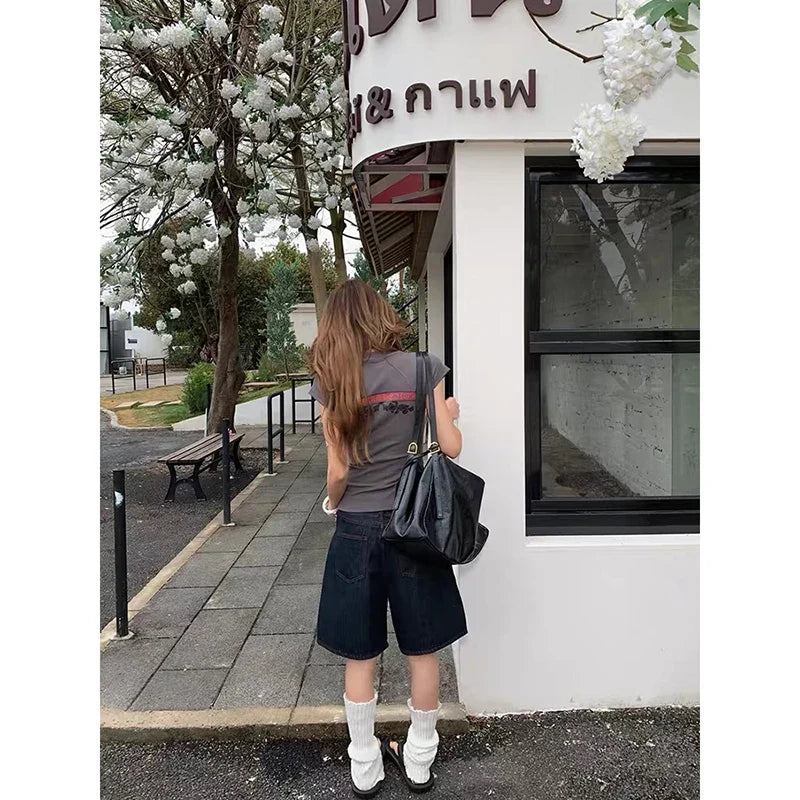 YIBASHU Summer Women American Retro Jorts Punk Jean Shorts Black Y2K 2000s Harajuku Denim Calf-Length Pant Japanese High Street