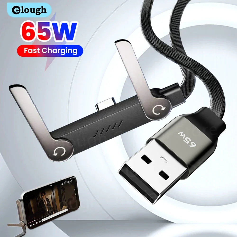 65W USB A To USB Type C Cable Quick Charge Phone Charger Cable Built In Foldable Stand Data Wire 2 in 1 USB C Charging Line