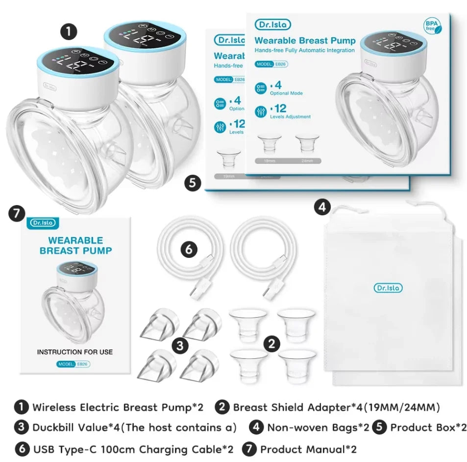 MAMIJOY 2PCS Wearable Electric Breast Pumps 4 Modes＆12 Levels Hands Free Breast Pump 40dB Low Noise Free 19/24mm Flange DEB26D