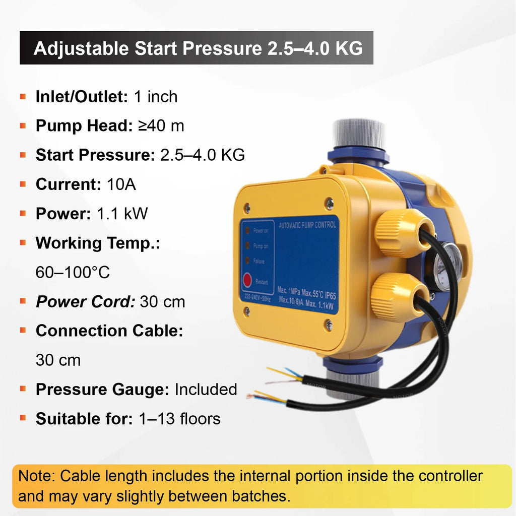220V Automatic Water Booster Pump Controller Adjustable Pressure Water Pump Pressure Switch Dry Run Protection G1 Inch Thread