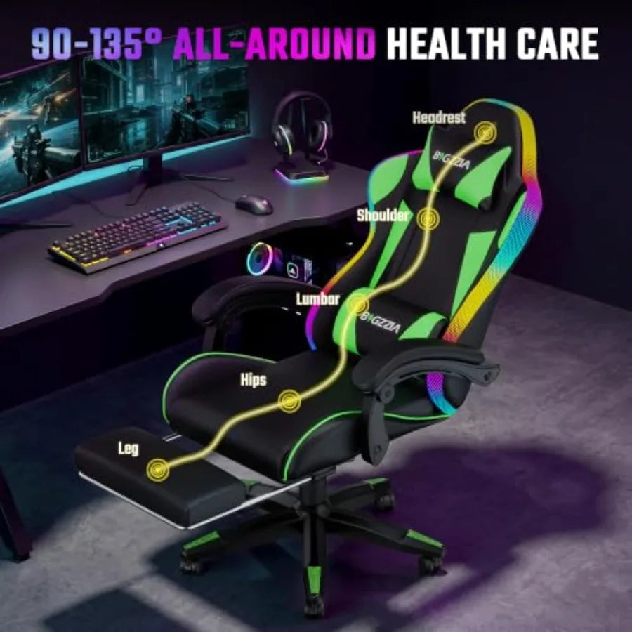 RGB gaming chair with footrest and lumbar massage for adult/kid, green fabric, ergonomic support and adjustable comfort