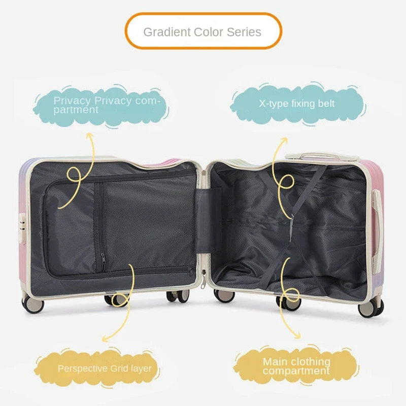 Gradient Color kids' Luggage Can Ride Small Travel Boarding Box with Cup Holder and Combination Lock 20/22inch Suitcase Children