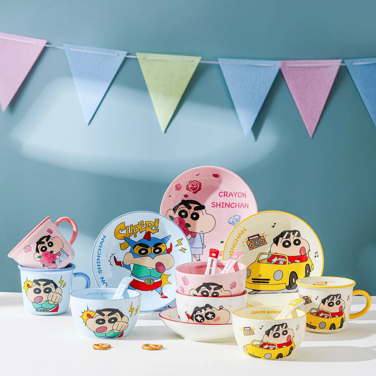New 1Set/4Pcs Cute Cartoon Anime Crayon ShinChan Ceramics Gift Box Set Kawaii Rose Bowl Plate Spoon Cup childen Birthday Gift