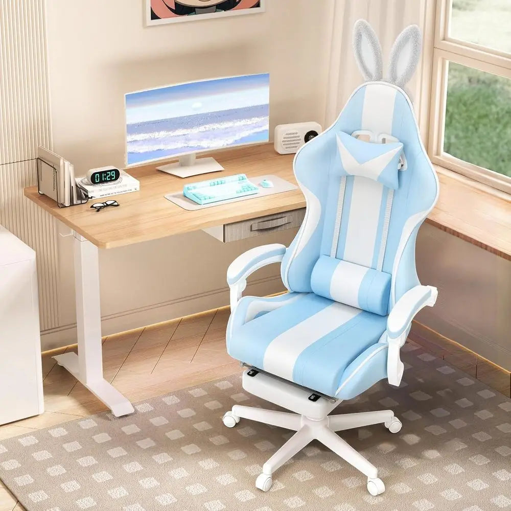 Light Blue Ergonomic Gaming Chair with Bunny Ears, Reclining Massage Chair for Teens and Adults