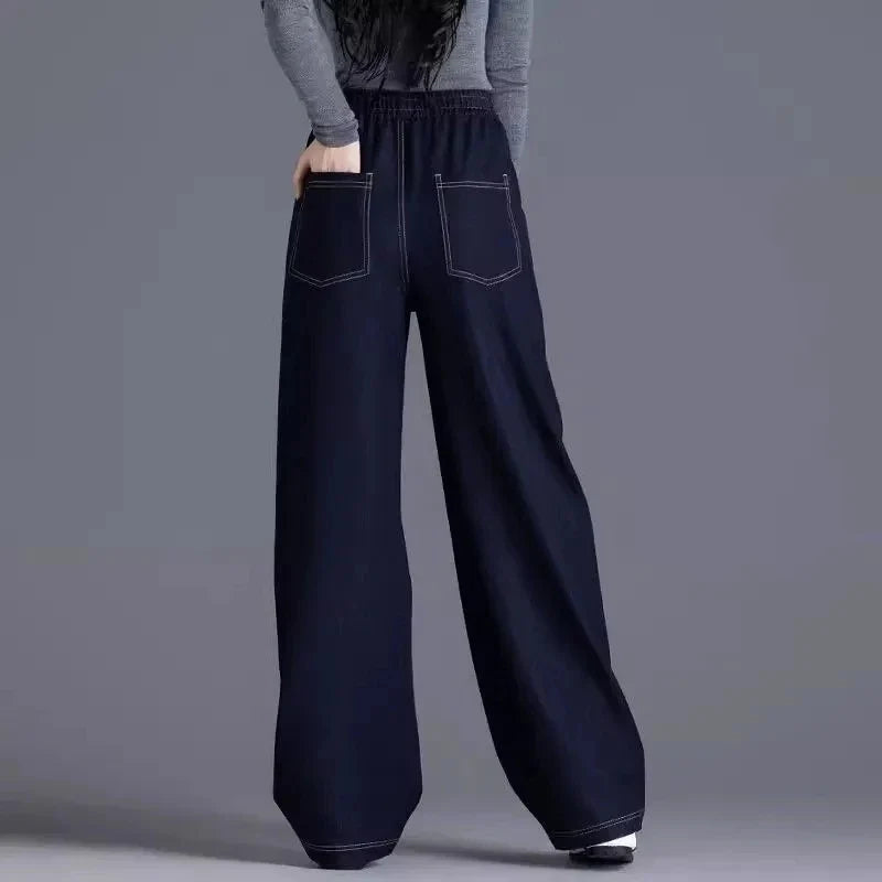 Elastic waist Wide leg Jeans Women's 2026 New Spring Autumn Loose High waist Sickle Shaped Knife Pants Female Casual Denim Pants
