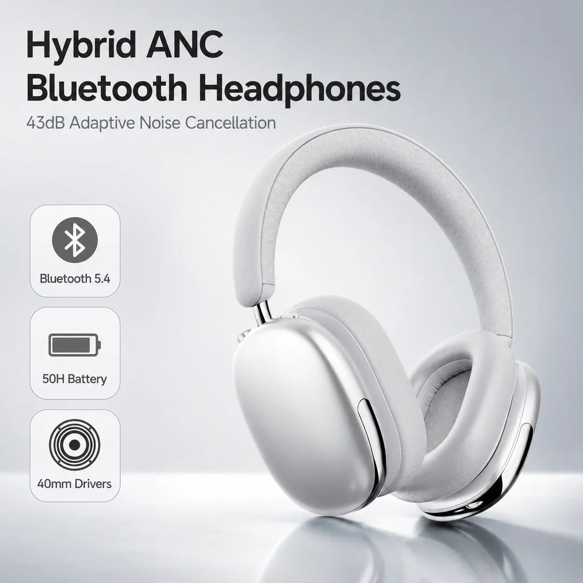 Hybrid ANC Headphones Bluetooth 5.4 Wireless Earphones Over Ear Noise Cancelling Headset 40mm Driver HiFi Stereo 50H Playtime