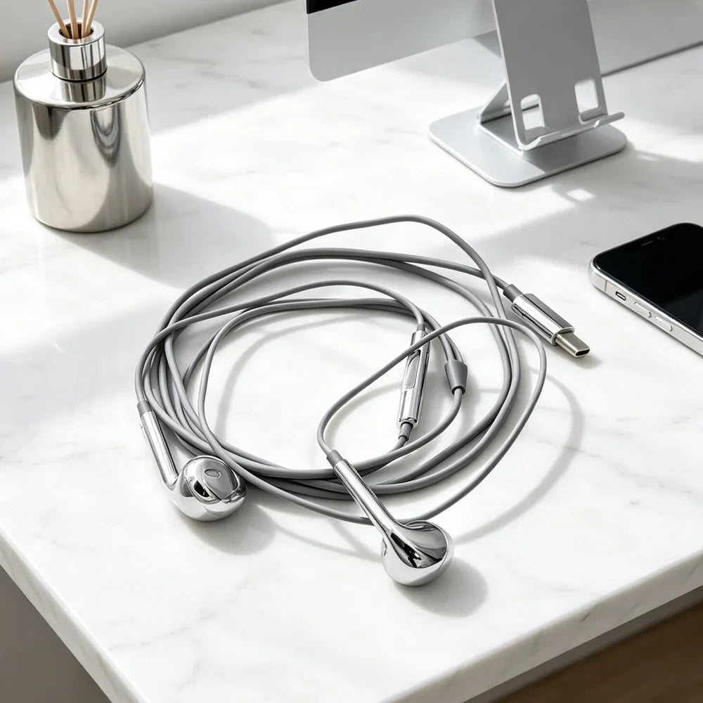 Fashion Silver Wired Type-C or Lightning In-Ear Earphones Compatible with Tablets Laptops - Headphones for General Use
