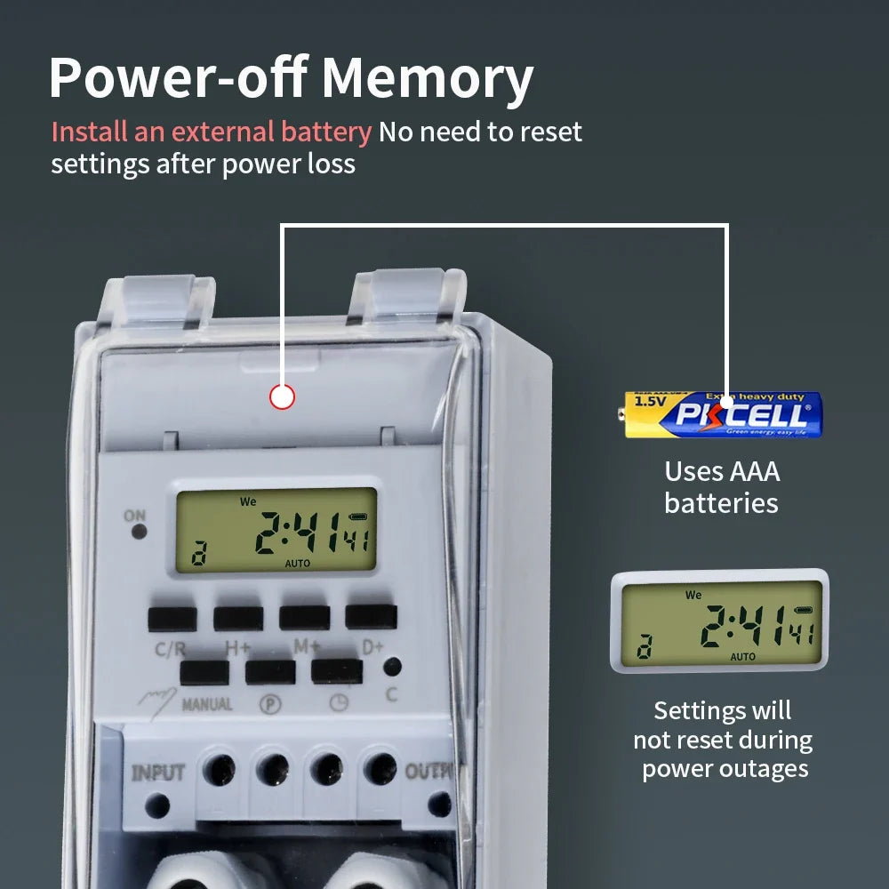TNCE 30A Timer Switch, Waterproof 220V time controller, set to seconds, 32 groups of timer on and off, for light, water pump