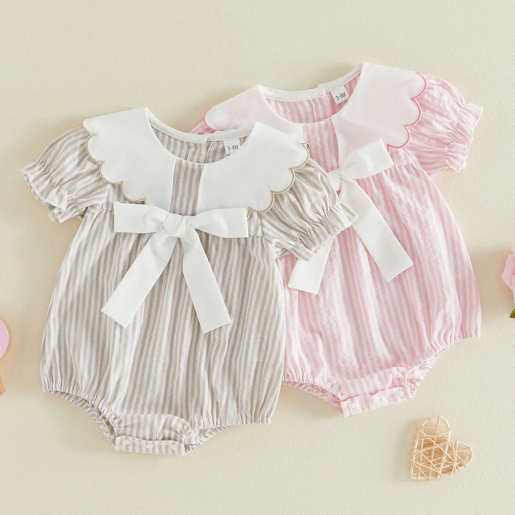 0-18M Newborn Baby Girl Summer Striped Romper Contrast Scalloped Edge Doll Collar Short Sleeve Bodysuit with Front Bow