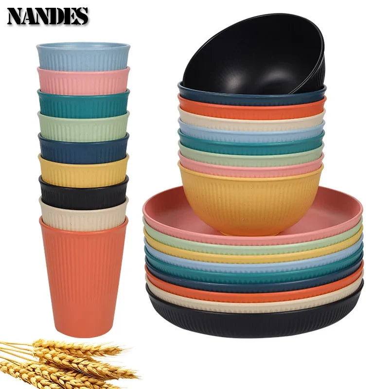 36pcs Plate Sets Wheat Straw Eco-Friendly Ramen Bowl Tableware Dinner Dishes Set Camping Tableware Set With Knife Fork Spoon