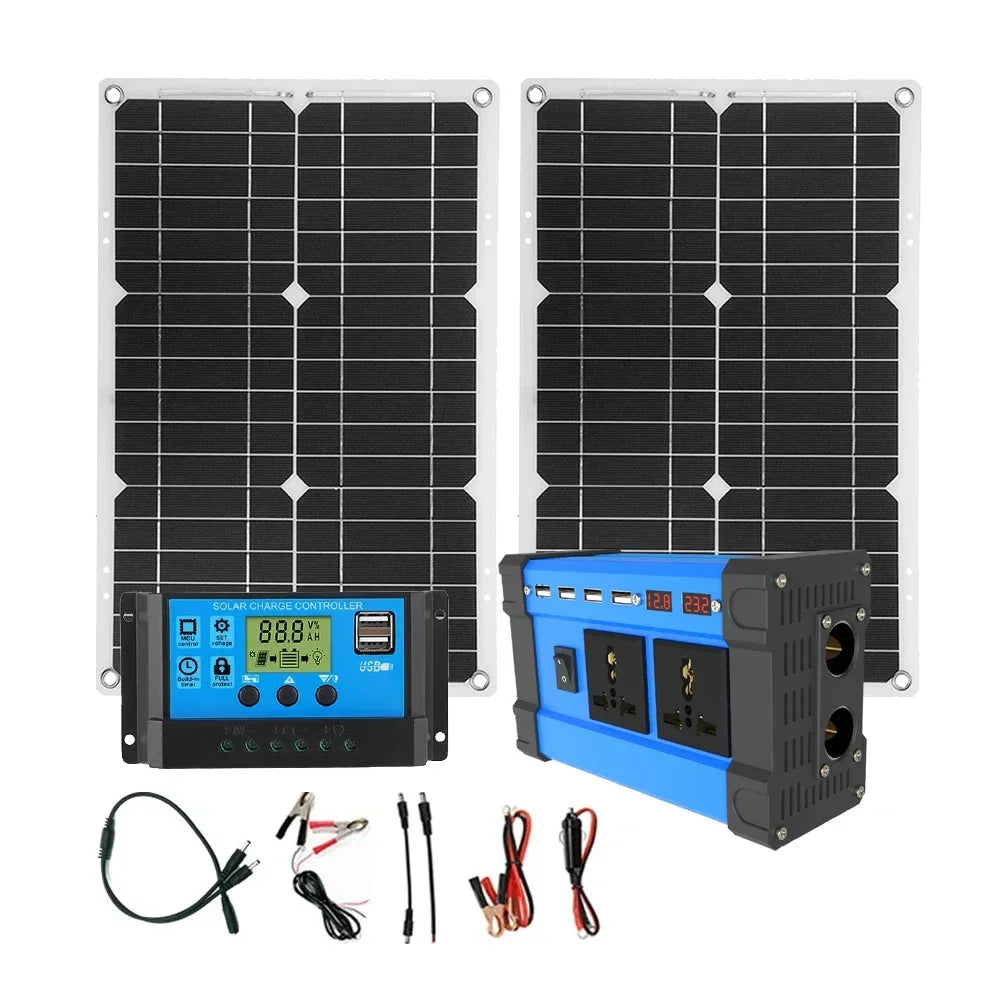6000W Solar Power Complete Kit 12V To 220V Inverter 30A Controller 2*300W Panel System for Home/RV/Camping Full House Generator
