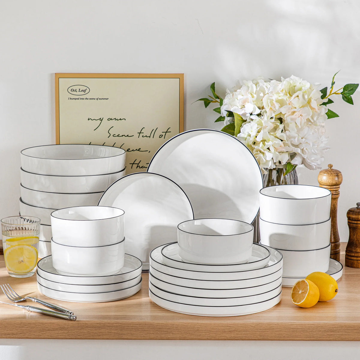 MALACASA 12/16/18/24 Piece Dinner Plates Sets Black Rim Half Standing Edge Dinnerware with 4/6PCS Dinner Plate/Dessert/Soup/Bowl