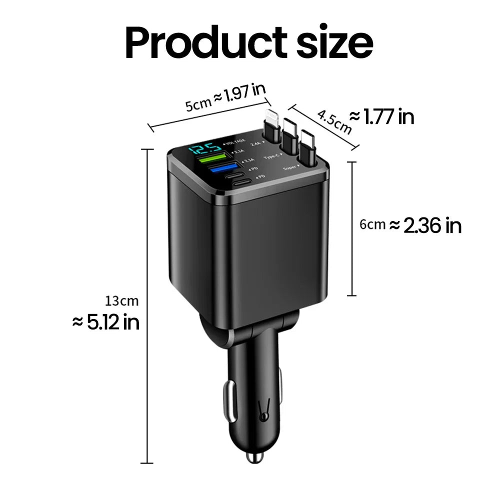 Elough 7 In 1 Car Charger Retractable USB C To ios Cable For iPhone Samsung Car Phone Charger USB Cigarette Lighter QC Adapter