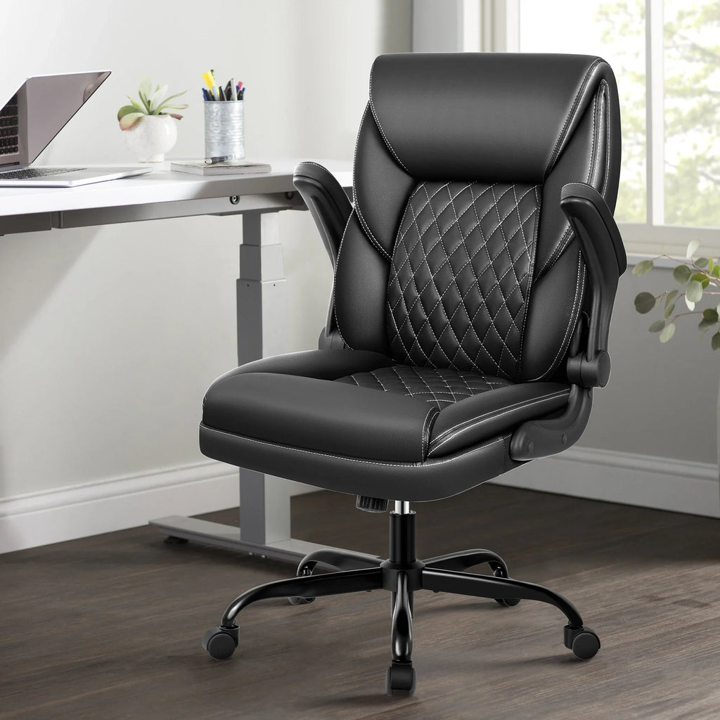 KERDOM Office Desk Chair, Mid Back Executive Leather Chair,Ergonomic Home Computer Chair,Modern Conference Room Chairs with Adjustable Flip-Up Arms and Rocking Function, Black